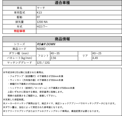 Amazon | [RS-R_RSR DOWN]K13 マーチ_12S / 12G(2WD_1200 NA_H22/7
