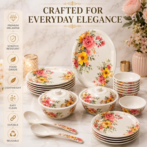 Image of 32-Piece Premium Melamine Dinner Set for 6 | Floral Printed Dinnerware Set with Plates, Bowls, Serving Bowls, Lids & Spoons (Blush Bloom)