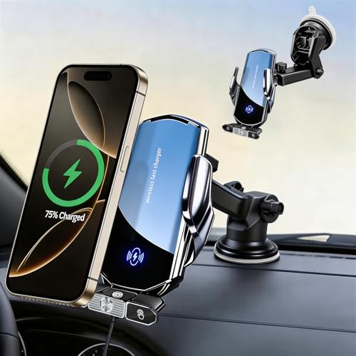 Image of Car Phone Holder,Car Mount Charger,15W Wireless Charging & 10W Magnetic Charging(3 Connectors),Auto-Clamping Hands Free,Suction Cup Mount for Windshield,Mirror & Screen,Car Accessories & Gift
