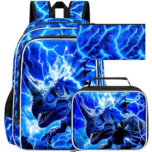 Image of 3Pcs Dinosaur Backpack for Boys, 17 inch Kids Lightning Bookbag for Elementary Preschool Kindergarten, Triceratops School Backpacks with Lunch Box (Blue)