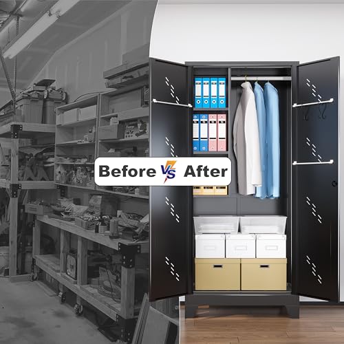 Image of 75 inch Heavy-Duty Metal Storage Cabinet with Lock - Wide & Deep Steel Tool Locker for Garage, Basement, Home Office - Outdoor /Indoor Pantry Organizer Cabinet