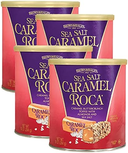 ROCA Brown & Haley Sea Salt CARAMEL Canister, Individually Wrapped Caramel Buttercrunch Toffee, 10 Ounces (Pack of 4)