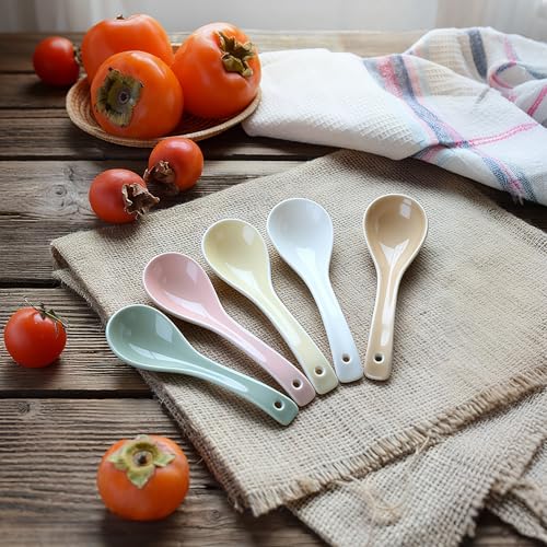 Image of Raelitego 5 /12 pcs Asian Soup Spoon, Ceramic Chinese Soup Spoons, Deep Oval Hook Non-slip Japanese Spoons for Rice Ramen Pho Miso Soup Wonton (5pcs-Pastel)