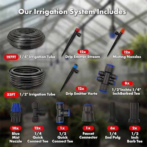 Drip Irrigation System 230FT Quick-Connect Drip Irrigation Kit with 1/4 inch 1/2 inch Irrigation Tubing Hose and Accessories for Lawn Raised Bed Greenhouse Plant Watering System - Thumbnail 2