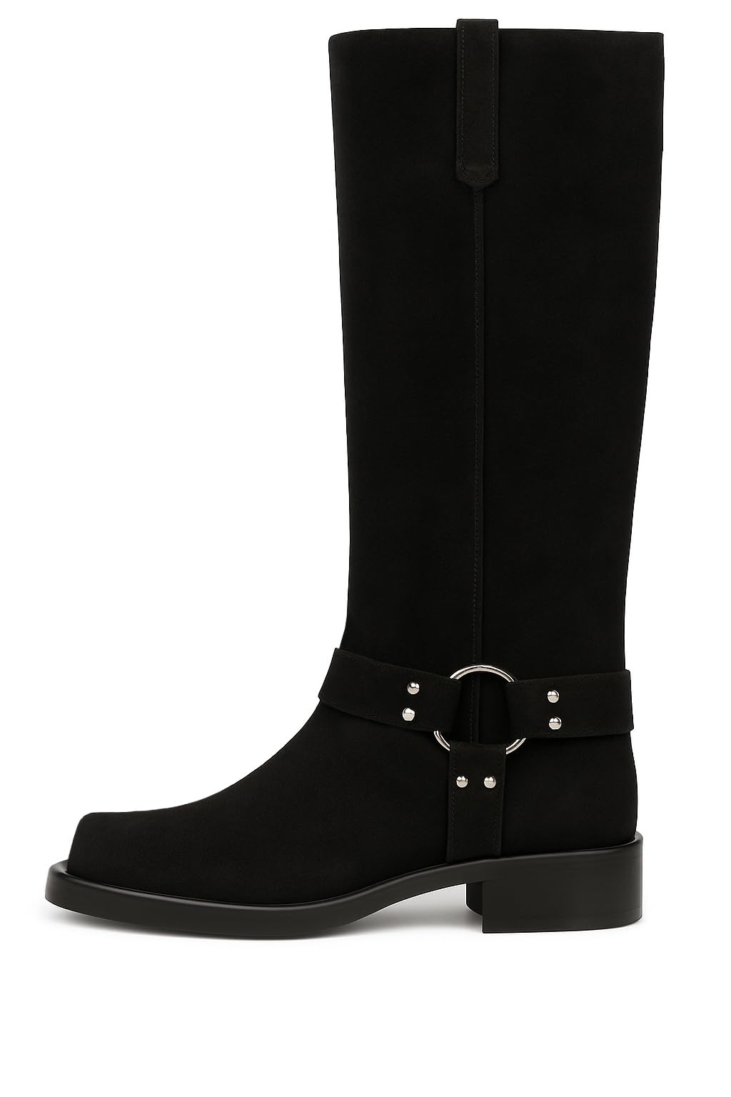 FIFSY Womens Black Suede Handmade Knee-High Boots Square Toe Riding Style with Harness Strap Low Heel Soft Lining