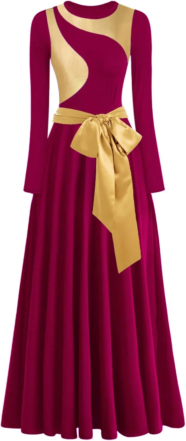 Women's Worship Praise Dance Dress Gold Metallic Long Swing Liturgical Church Robe Lyrical Dancewear, with Belt