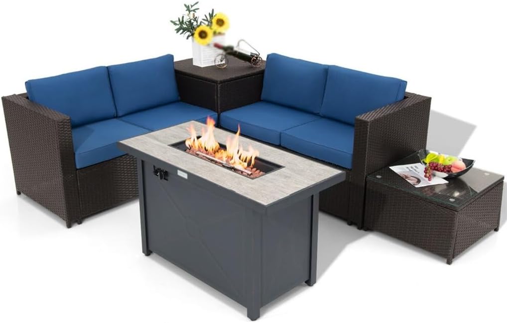 5PCS Patio Rattan Furniture Set Fire Pit Table W/Cover Storage Cushion Navy