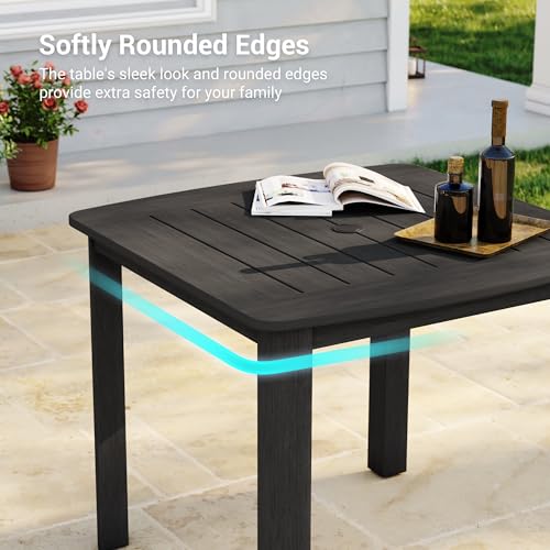 Image of 5-Piece Outdoor Dining Set for 4, HDPE Patio Dining Table and Stackable Chairs Set, Weather Resistant Square Table with Umbrella Hole for Garden, Backyard, Lawn and Poolside, Black