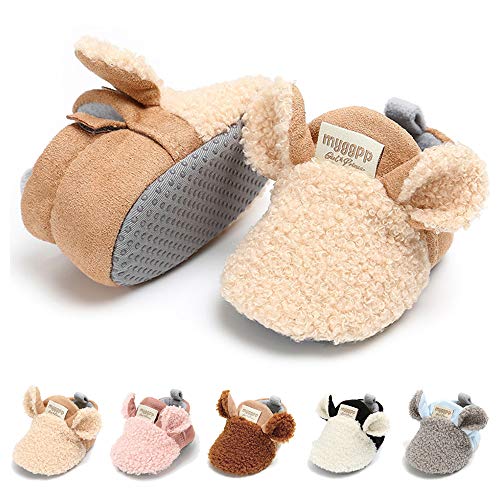 Timatego Newborn Baby Boys Girls Cozy Fleece Booties with Grippers Stay On Slipper Socks Infant Toddler Crib Winter Shoes for Boys Girls, 0-6 Months Infant, 10 Khaki Baby Booties