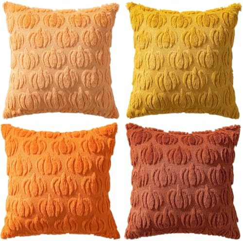 4 Stück Herbstdeko Kissenbezug 45x45cm,Herbst Dekokissen Kissenhülle,Kürbis Kissenbezug,Orange Kürbisse Herbst Kissenbezüge,Sofakissen Herbstdeko für Innen Auto Sofa Schlafzimmer W