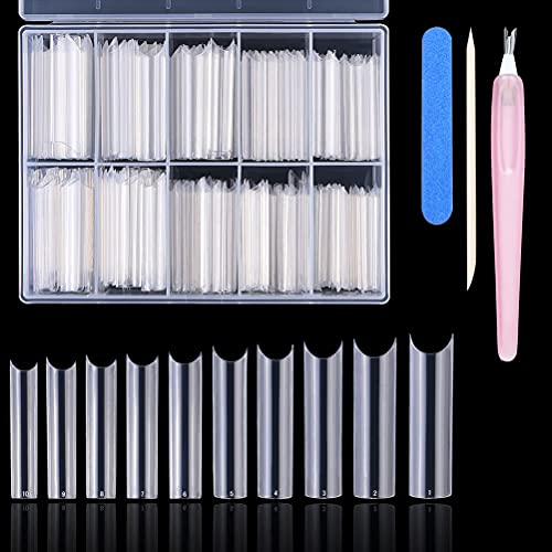200PCS Extra Long C Curve Nail Tips Half Cover Deep C/U Curved Square Shape French False Nails Tips with Nail Kit for Acrylic Nails(Clear)
