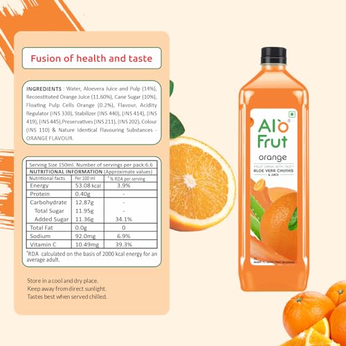Image of Alo frut Orange Fruit Drink with Tasty Aloevera Chunks & Juice|Goodness of Fruit with Aloevera Chunks|Ready-to-Serve Fruit Juice |Orange Juice -1Ltr. (Pack of 12)