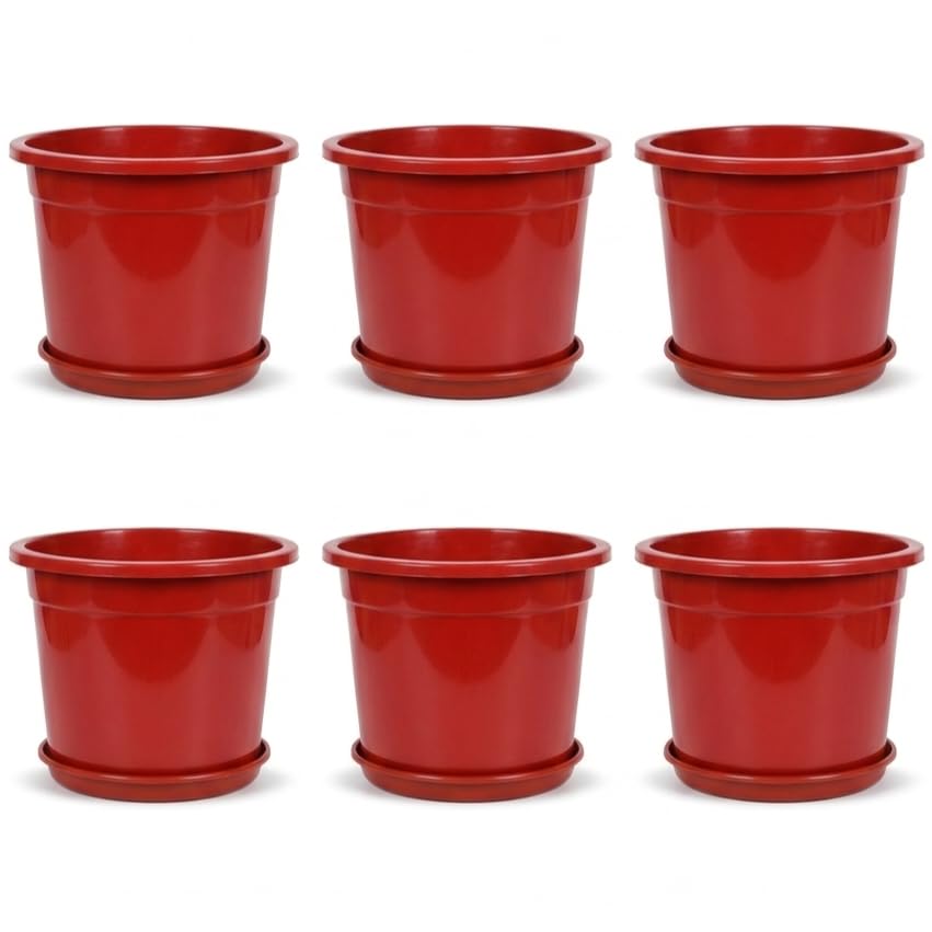Image of 12 Inch Glossy Red Plastic Planter with Bottom Plate | Heavy Duty Flower Pot with Tray for Indoor Home Decor, Balcony, Living Room & Outdoor Garden (6 Pot, Red)