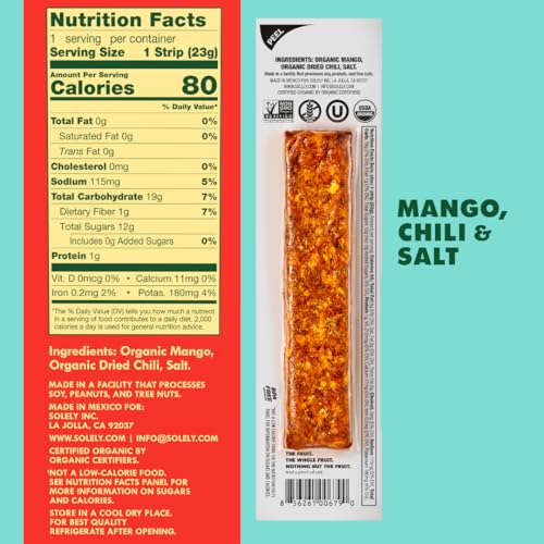Image of SOLELY - Organic Spicy Mango Chili and Salt Fruit Jerky - 1 Individually Wrapped Fruit Strip - Fruit Leather Made from Dried Fruit - Healthy Snacks for Adults & Kids - Vegan, Non GMO - 0.8oz (23g)