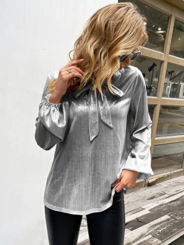 Kate Kasin Women Bow Tie Neck Casual Loose Glitter Metallic Blouse T Shirt Silver M #TOP3