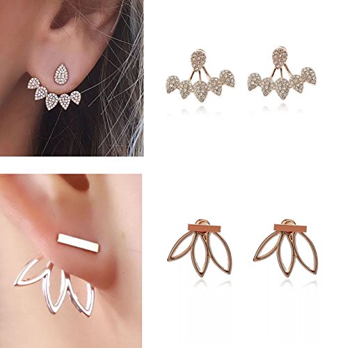 9 Pairs Rose Gold Silver Hollow Lotus Flower Earrings Simple Chic Crystal Pearl Turquoise Stud Earrings Set2