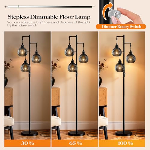 Image of QiMH Modern Glass Floor Lamps for Living Room, 3 Lights Standing Lamp, Grey