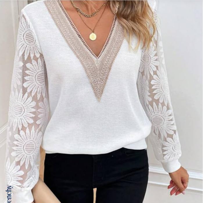 Chvity Long Sleeve Lace Tops for Women Casual Fashion Sheer Mesh V Neck Loose Ladies Blouse Shirts Fit Comfy3