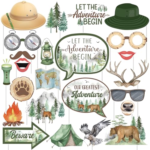 Cheereveal Green Adventure Theme Photo Booth Prop - 24 Pieces Tent Campfire Compass Map Flashlight Camping Travel Theme Birthday Baby Shower Party Decoration Supplies