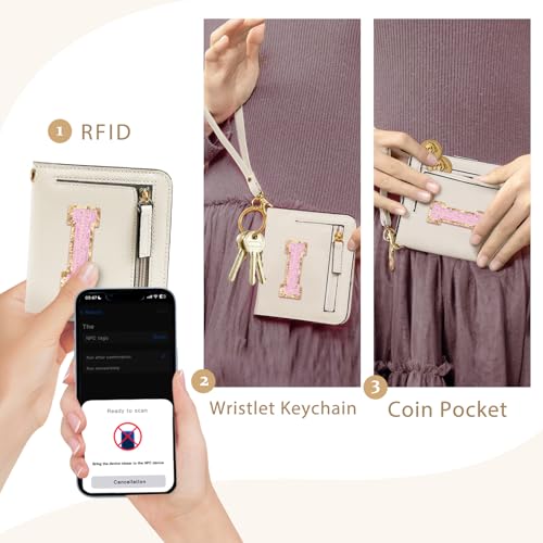 Image of COSHAYSOO Initial Wallet RFID Small Bifold Slim Letter Wallet for Women Teenager Girls Travel Daily Necessities Credit Cards Money Cash Coin Organizer, Off White, Compact, I