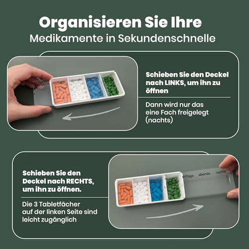 varivendo Tablettenbox Pillendose 4 Fächer – kompakte Medikamentenbox für 1 Tag, morgens mittags abends nachts, sicherer Klickverschluss