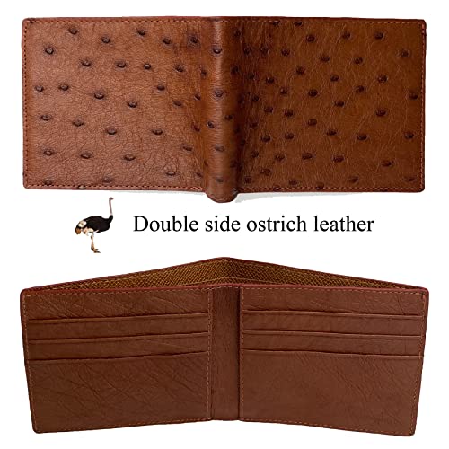 Light Brown Ostrich Leather Slim Bifold Wallet Double Side Exotic Wallet Multiple Pocket Holder Passcase RFID Blocking Security Handmade Gift For Men VINAMOS-063