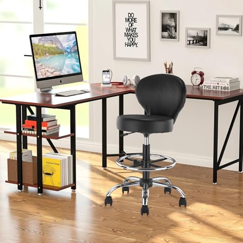 Image of KLASIKA PVC Faux Leather Drafting Chair Rolling Swivel Salon Stool Seat Adjustable Height 30 Inch with Back Support Foot Rest Hydraulic Wide Seat Diameter 15 in for Tattoo Beauty Barber Lash