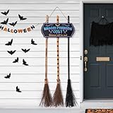 JOYIN Halloween Broom Parking Sign with 3pcs Wooden Witches Brooms, Halloween Decorations Outdoor, Wooden Warning Sign for Front Porch Wall Decor Home Office Indoor