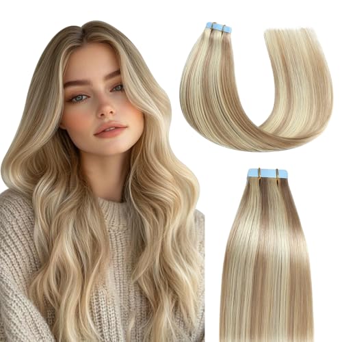 MissMe Tape Extensions Echthaar Remy Haarverlängerung Echthaar 40cm Asch blond mit Bleich blond #P18/613 Invisible Tape in Extensions Echthaar 40g 20 Stück 14 Zoll Tape Ins Natürlich Erweiterungen