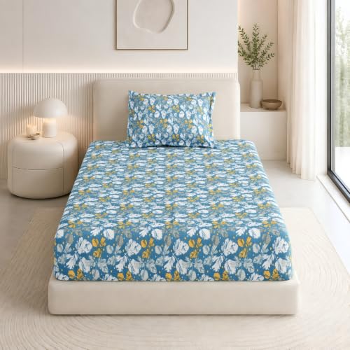 Image of Haus & Kinder Elastic Bedsheet Single Bed, 37 x 78 x 11 Inches Single Bedsheet Cotton Elastic Fitted with 1 Pillow Cover, Pure Cotton 186 TC, Breathable Wrinkel Free - Golden Birch Symphony