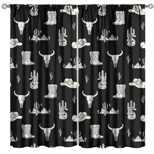 Western Bull Skull Blackout Curtains, Rustic Farmhouse Cowboy Cactus Boots Cowboy Hat Pattern Window Drapes, for Living Room Bedroom 21(W)*54(L) 2 Panels