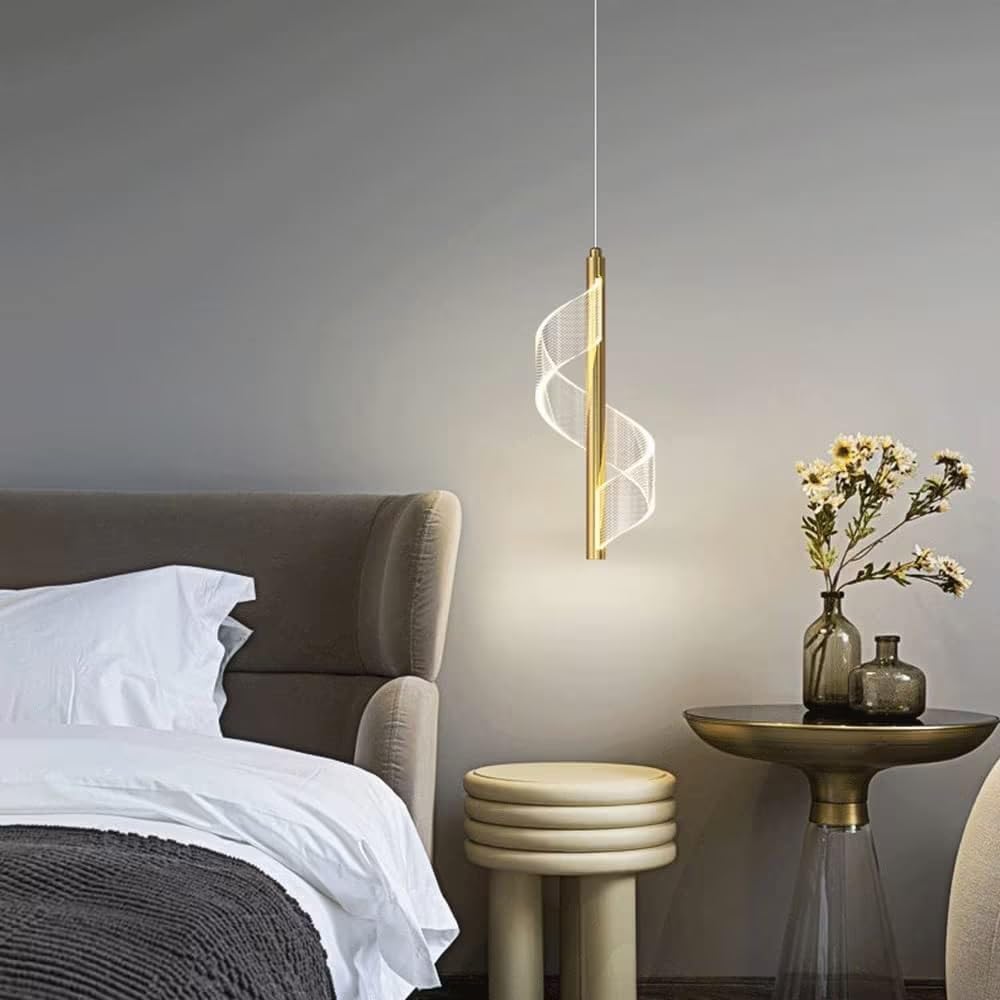 CNCNSH wisząca sufitowa Żyrandol LED Złota spiralna wisząca, wisząca przy łóżku Aluminiowe lampy wiszą z długimi rurkami ze skręconym akrylowym kloszem, tryb 3 kolorów Lighti kxtmm