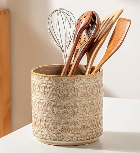 SiegenPro Kitchen Utensil Crock, 5.2" Ceramic Holder for Countertop, Handceafted Farmhouse Utensil Vase For Kitchen Decor Accessories, Housewarming