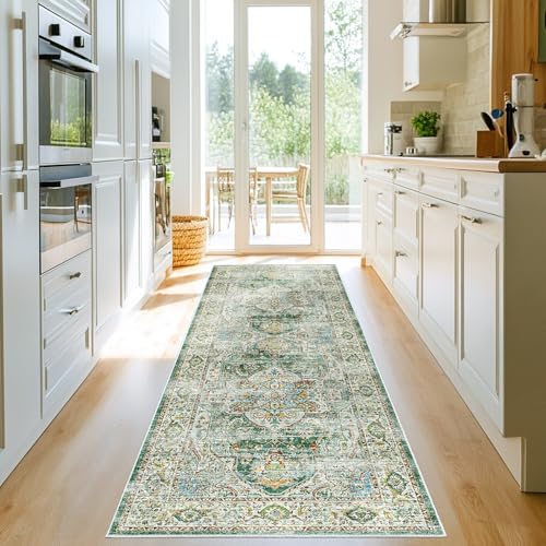 Madane Runner Rug 2'6''x8' Kitchen Runner, Hallway Runner Printed Vintage Washable Rugs Soft Non-Slip Low Pile Runners for Hallways Laundry Room Rug Distressed Rug, Green