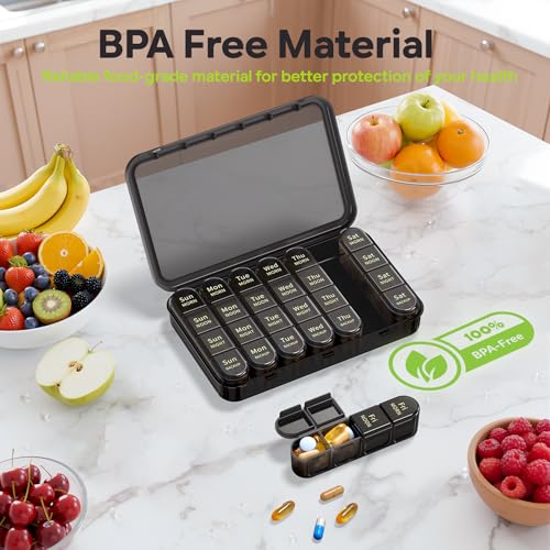 Image of Daviky Pill Organizer 4 Times a Day - Pill Box 7 Day, Weekly Medicine Pill Organizer for Travel with Removable Containers, Pill Case to Hold Daily Vitamins, Supplements and Medication (All Black)