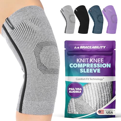 BraceAbility Knee Compression Sleeve - Knit Knee Pain Brace for Men and Women Arthritis Relief Meniscus Tear Running Workout Sports Swelling Athletic Support for Joint Stability (M/L Gray)