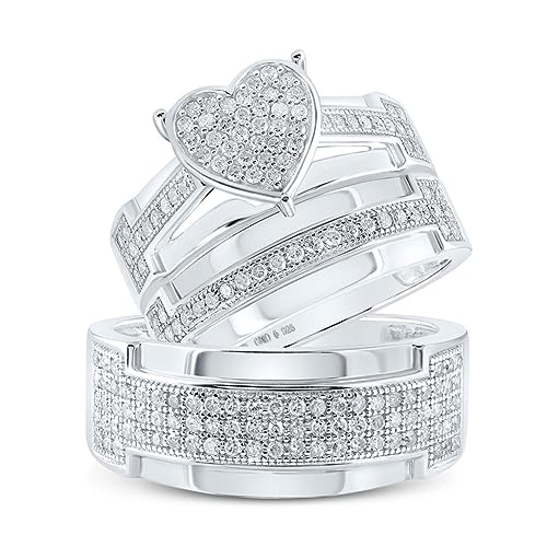 Jewels By Lux Sterling Silver His Hers Round Diamond Heart Matching Wedding Set 7/8 Cttw, Womens Size 5-9, Mens Size 8-12