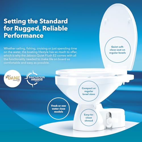 Image of Jabsco 38245-4194 Quiet Flush E2 Electric Marine Toilet, 24 V, Raw Water | Touch Sensor Flush Panel, Eco Water-Saving Flush, Easy Install & Service Head, Raw Water w /Rinse Pump, Regular Bowl, 24 Volt