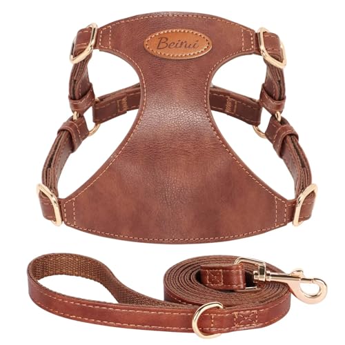 Beirui ‌Stylish PU Leather Dog Harness‌ and Leash Set for Small Dogs, ‌Adjustable Step in Puppy Harness with Breathable Mesh Lining and Durable Metal Buckle for Walking Traveling(Brown,XS)