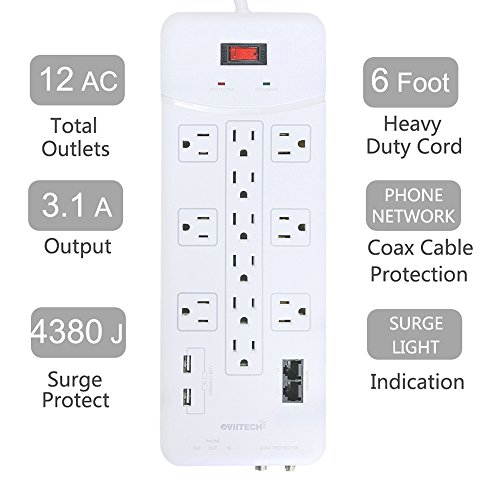 Oviitech 12 Outlet All-In-One Mountable Surge Protector Power Strip With2 Usb Charging Ports(3.1A Total And Phone/Ethernet/Coax Protection,6 Foot Heavy Duty Extension Cord,4380 Joules,White,Etl Listed #TOP1