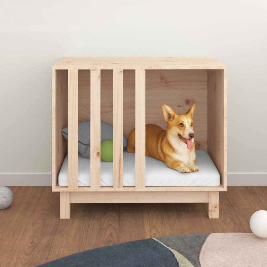 Hundehütte 70x50x62 cm aus massivem Kiefernholz, Hundebett mit stabilem Holzrahmen für bequemes Kuscheln, rechteckiges Haustierbett im schlichten Design für minimalistische