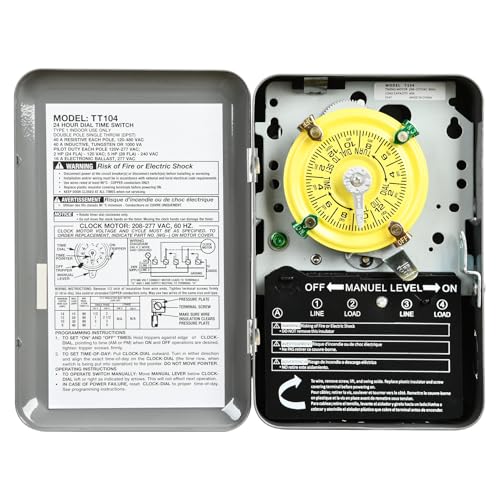 T104 Mechanical Timer Switch 208-277V AC DPST 40A Pool Pump Switch Heavy Duty Pool Timers Outdoor Timer for Lights HVAC Systems 24 Hour 12 ON/Off for Pump 6 Years Warranty