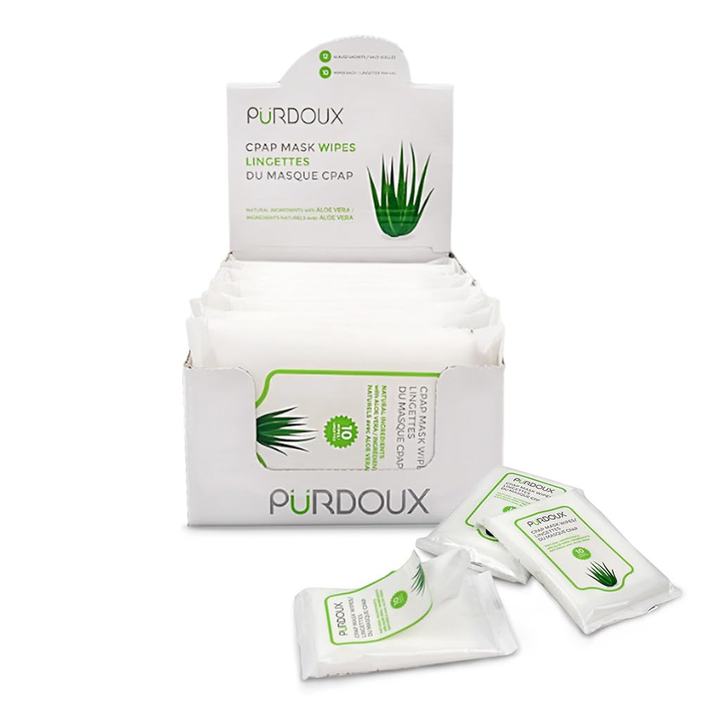 PÜRDOUX CPAP Maske Wipes, Aloe Vera (Box von insgesamt 120 Feuchttüchern in 12 wiederverschließbaren Beuteln, 10 Wischtücher pro Beutel)