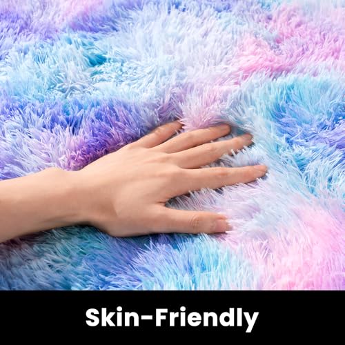 5x7 Fluffy Rug - Non Slip Rainbow Tie-dye Shaggy Rug for Living Room - Cute Floor Rug for Girls Room - Multi Blue