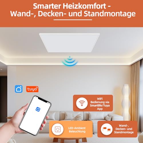 SHX Premium Infrarot Heizung mit WIFI 850W, 9-16 qm, Decken- oder Wandmontage, Standgerät, dimmbare Ambiente Beleuchtung, Fernbedienung, Fenstererkennung, LED Display, Carbon Crystal PET Oberfläche