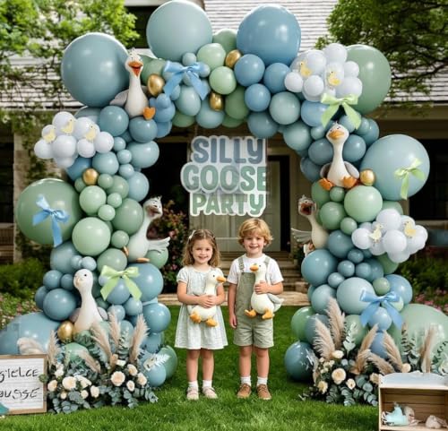 Image of Dusty Blue Sage Green Balloon Arch Kit, Double Stuffed Pastel Light Green Fog Blue White Cream Balloon Garland With Bows for Baby Shower Bridal Wedding Birthday Gender Reveal Silly Goose Party Decor