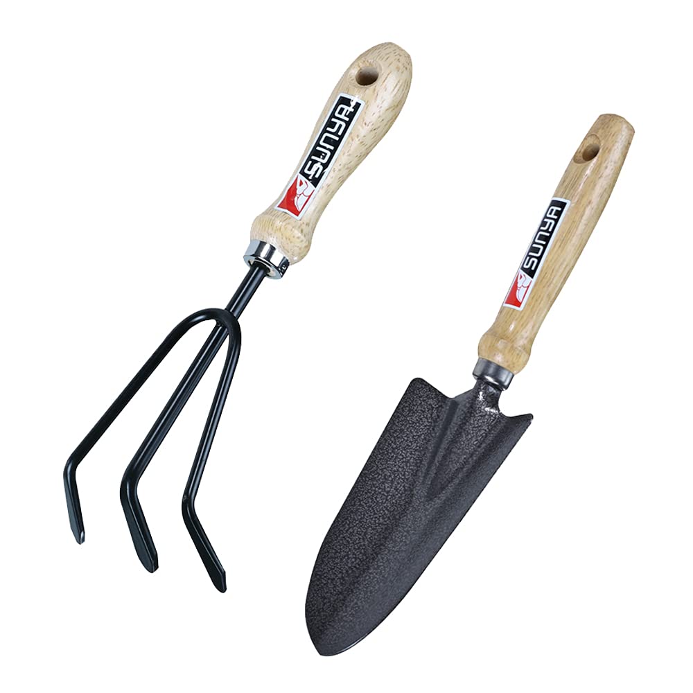 Kraft SeedsSunya Tools Pack of 2 Gardening Wooden Handle Tools – Cultivator and Small Trowel – Heavy Garden Cultivating Tools for Garden Lovers