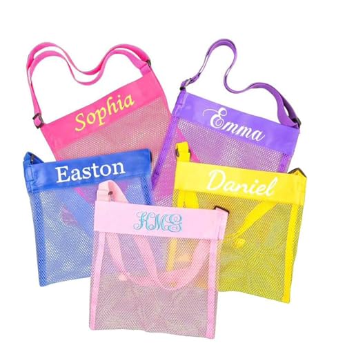 Personalized Seashell Mesh Bag,Embroidered Kids Beach Bag,Beach Shell Bags,Custom Shell Collecting Mesh Tote,Party Favor Bag