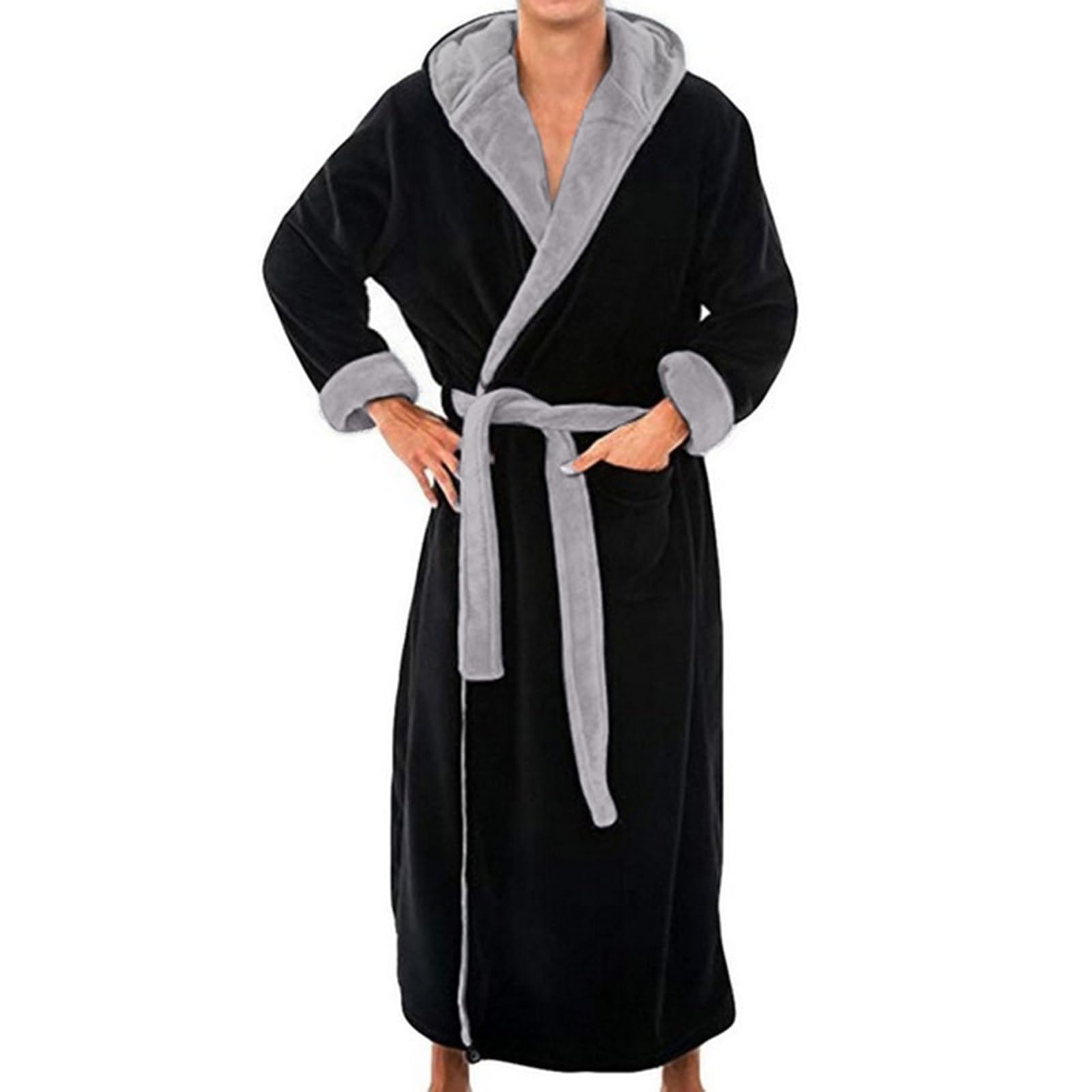 matumou Men Hooded Bathrobe with Adjustable Belt Super Soft Fluffy Highly Absorbent Color Pocket Design Male Bathrobe