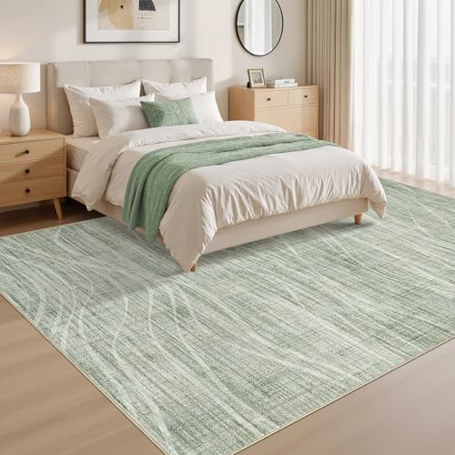 Image of WITSHOCK Washable Rugs 8x10 Modern Area Rugs, Thin Rug for Living Bedroom Dining Room Nursery Kitchen Office, Wave Striped Rugs Indoor Carpet Soft Non Slip Stain Resistant Home Decor, Sage Green